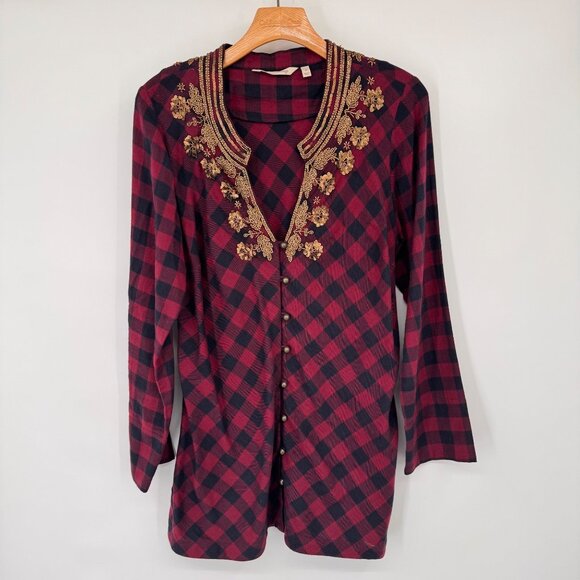 Soft Surroundings Plaid Tunic Top Gold beaded Long Sleeves Cotton red Sz Medium - Picture 7 of 13